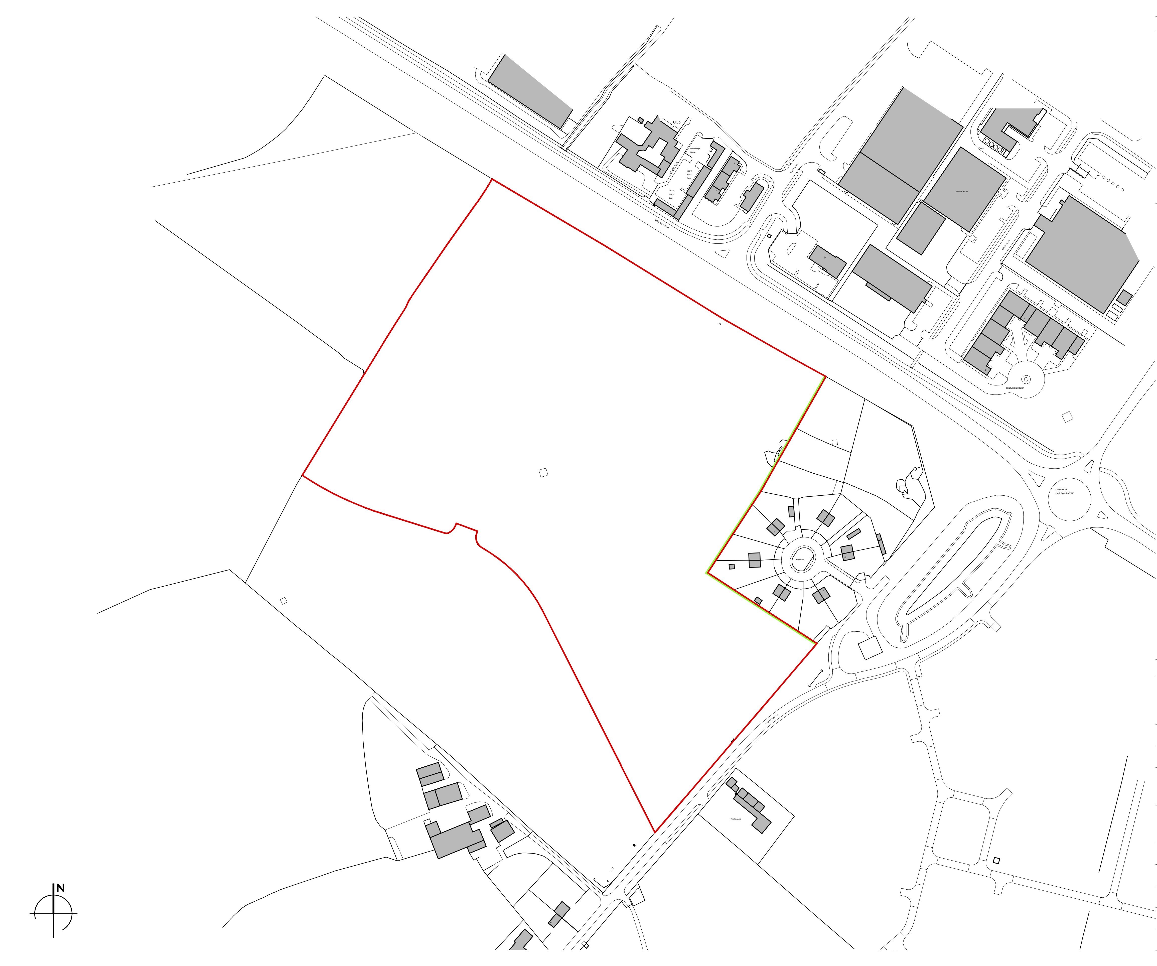 This image depicts a black and white land survey map with a red boundary line and yellow highlighted polygon on an off-whi...